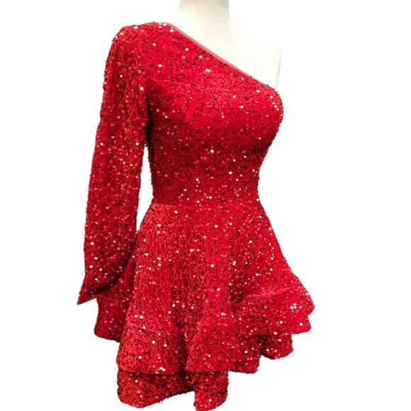 NWT Bright Red Size 2 Asymmetric One Long Sleeve Short Sequin Dress - Picture 2 of 13